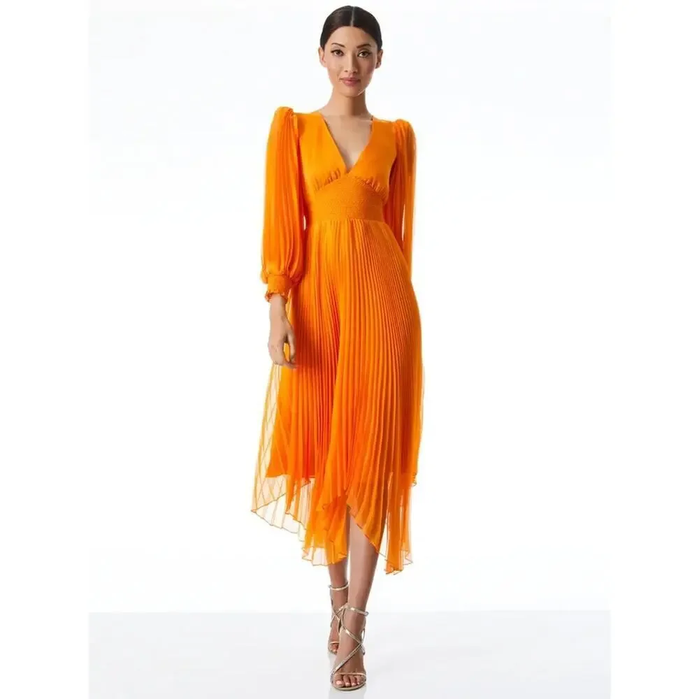 NWOT Alice + Olivia Sion Pleated Midi Dress Size 2 Tangerine Orange #2J459 - Picture 5 of 10